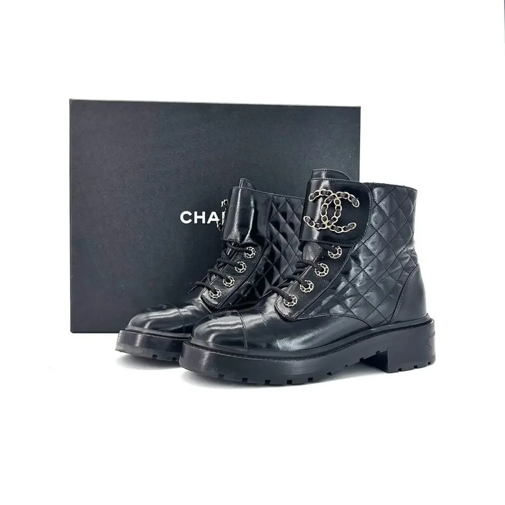 Chanel Brave Shiny Calfskin Quilted CC Chain Cap Toe Platform Short Boots 37